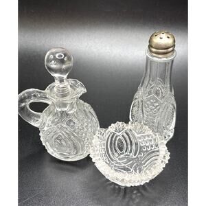 McKee & Bros. EAPG ‘Hickman’ Small Condiment Set Shaker Cruet Bottle Salt Cellar